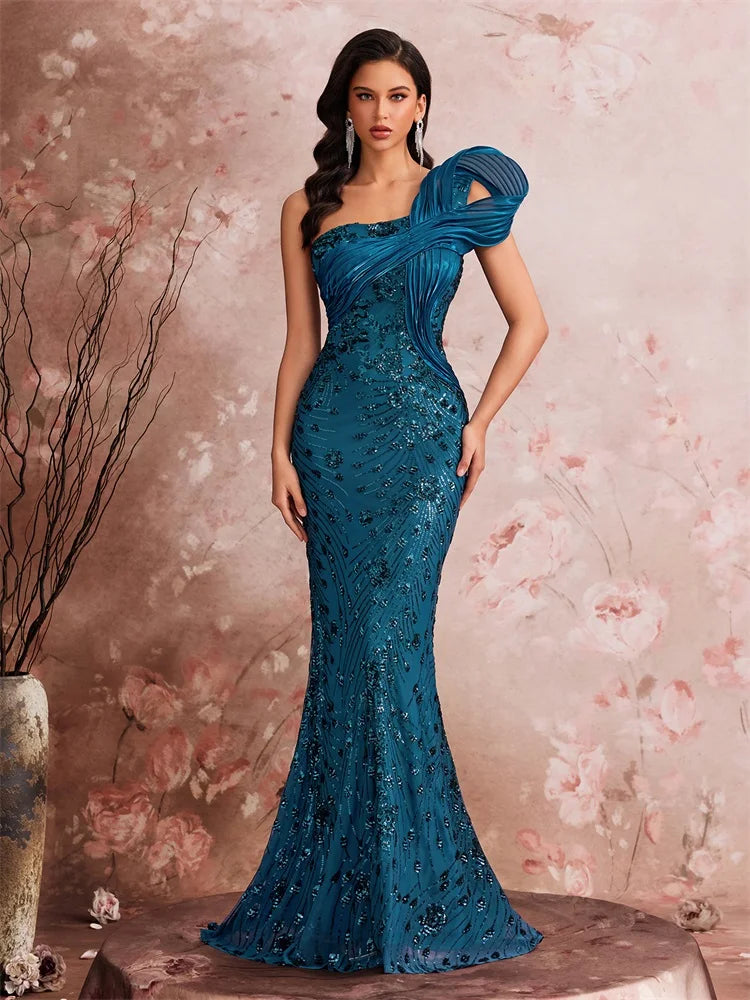 Lucyinlove Luxury Slanted shoulder Sequins Maxi Evening Dresses Waist-cinching mermaid Wedding Party Night Elegant Cocktail Gown