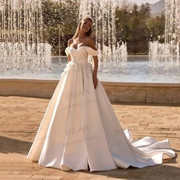 Luxury Sexy Satin Wedding Dresses A Line Women's Bride Gowns Flowers Sleeveless Sweep Train Backless Vestido De Novia Customized