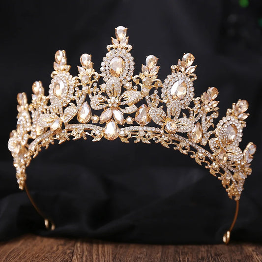 Baroque Gold Color Champagne Water Drop Flower Crystal Opal Tiaras For Women Headband Bride Party Elegant Crown Hair Accessories