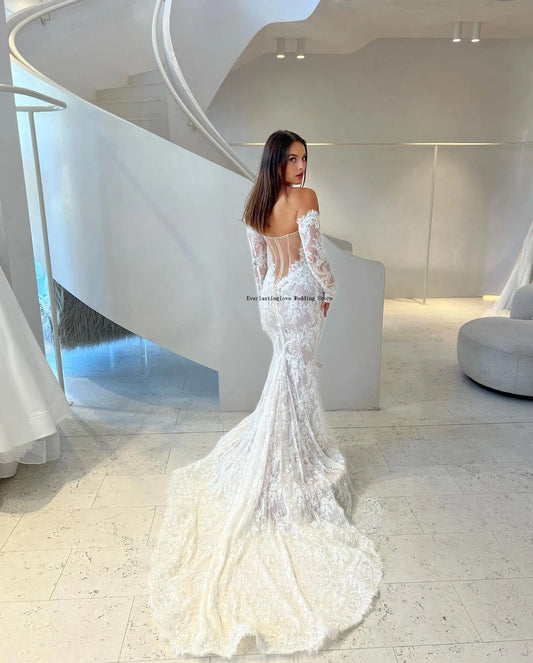 Lace Off-Shoulder Mermaid Wedding Dress – Elegant Long Sleeve Bridal Gown with Corset & Chapel Train | Maison Bridal
