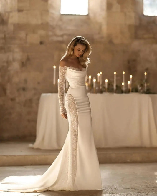 Luxury Off-Shoulder Sparkle Satin Wedding Dress – Long Sleeve Mermaid Bridal Gown with Train | Maison Bridal