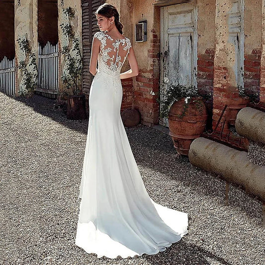 Appliques New Gorgeous O-Neck Mermaid Wedding Dresses Bridal Gowns Lace Illusion Bride Robe Sleeveless Button Vestidos De Novia