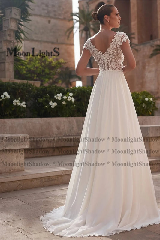Moonlight Elegant A-line Wedding Dress for Bride Cap Sleeves Appliques Button Chiffon V-neck Vestidos De Novia Customized