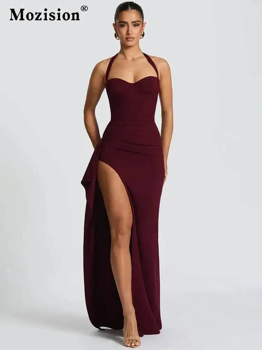 Mozision Halter Backless Sexy Maxi Dress Women Fashion Lace-up Sleeveless High Waist Thigh High Split Bodycon Evening Club Dress