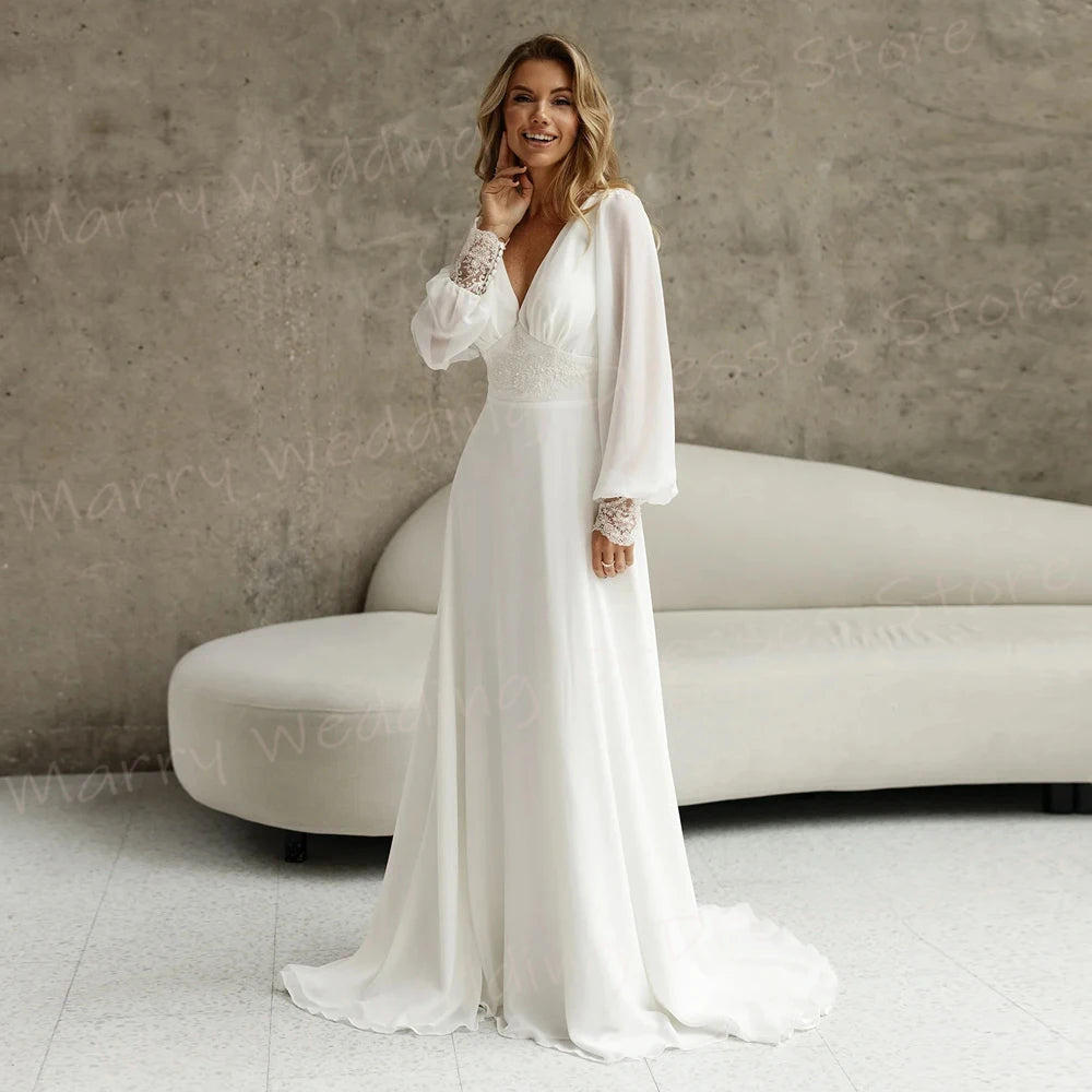 Simple Graceful V Neck A Line Women's Wedding Dresses Pretty Appliques Lace Bride Gowns Backless Long Sleeve Vestidos De Novia