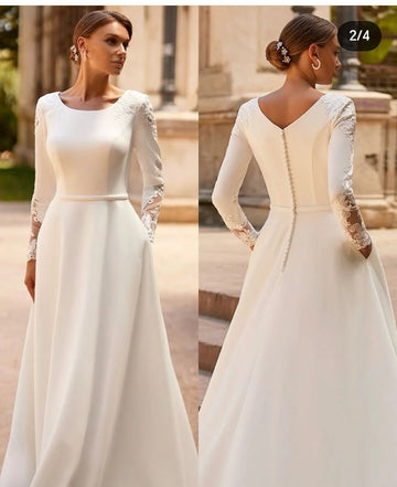 2025 Women Wedding Dress Customize To Measures Long Sleeves Buttons Elegant Robe De Marie Stunning With Pocket Lace Appliqués
