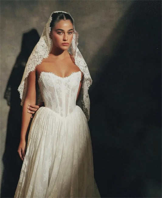 Luxurious Sweetheatr Full Lace A Line Wedding Dresses Sweep Train Custom Made 2025 Vestido De Noival
