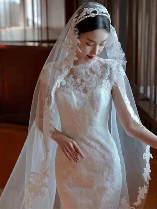 White Ivory 3M Wedding Veil 3M Long Soft Tulle Royal Bridal Veil with Comb Bling Sequins Lace Scalloped Veil Wedding Accessories