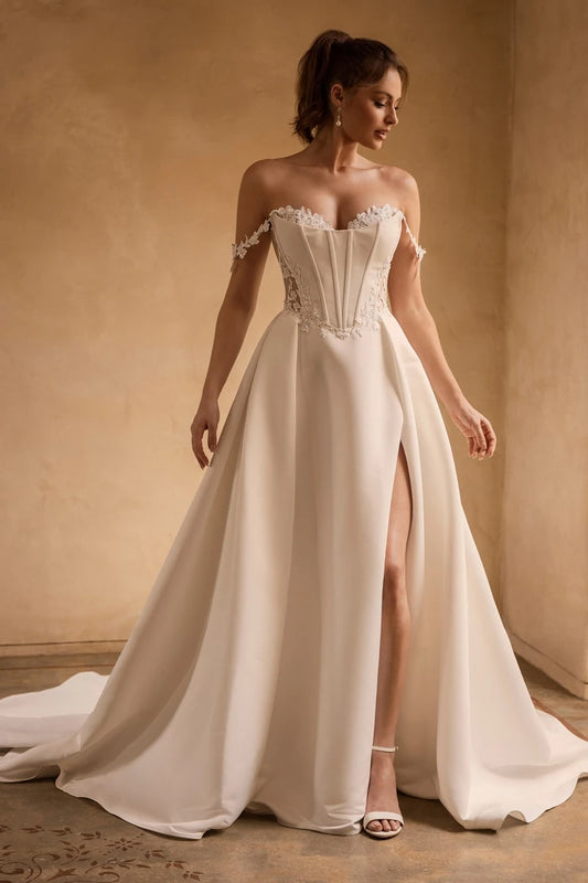Elegant Two Strapls Lace Applique Sweethert Satin  A Line Wedding Dresses Custom Made Bridal Grown Vestido De Noival