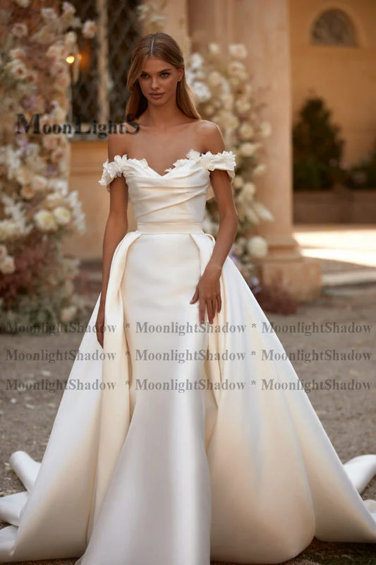 MoonlightShadow Trendy Watteau Train Women Long Dresses Party Satin Fabric 3D Blossoms Wedding Customized Cвадебное платье