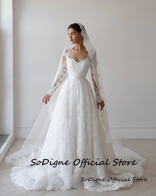 SoDigne A-line Lace Wedding Dress Sweetheart Full Sleeves Bride Dresses 2025 Long Bridal Gowns vestidos de novia Customized