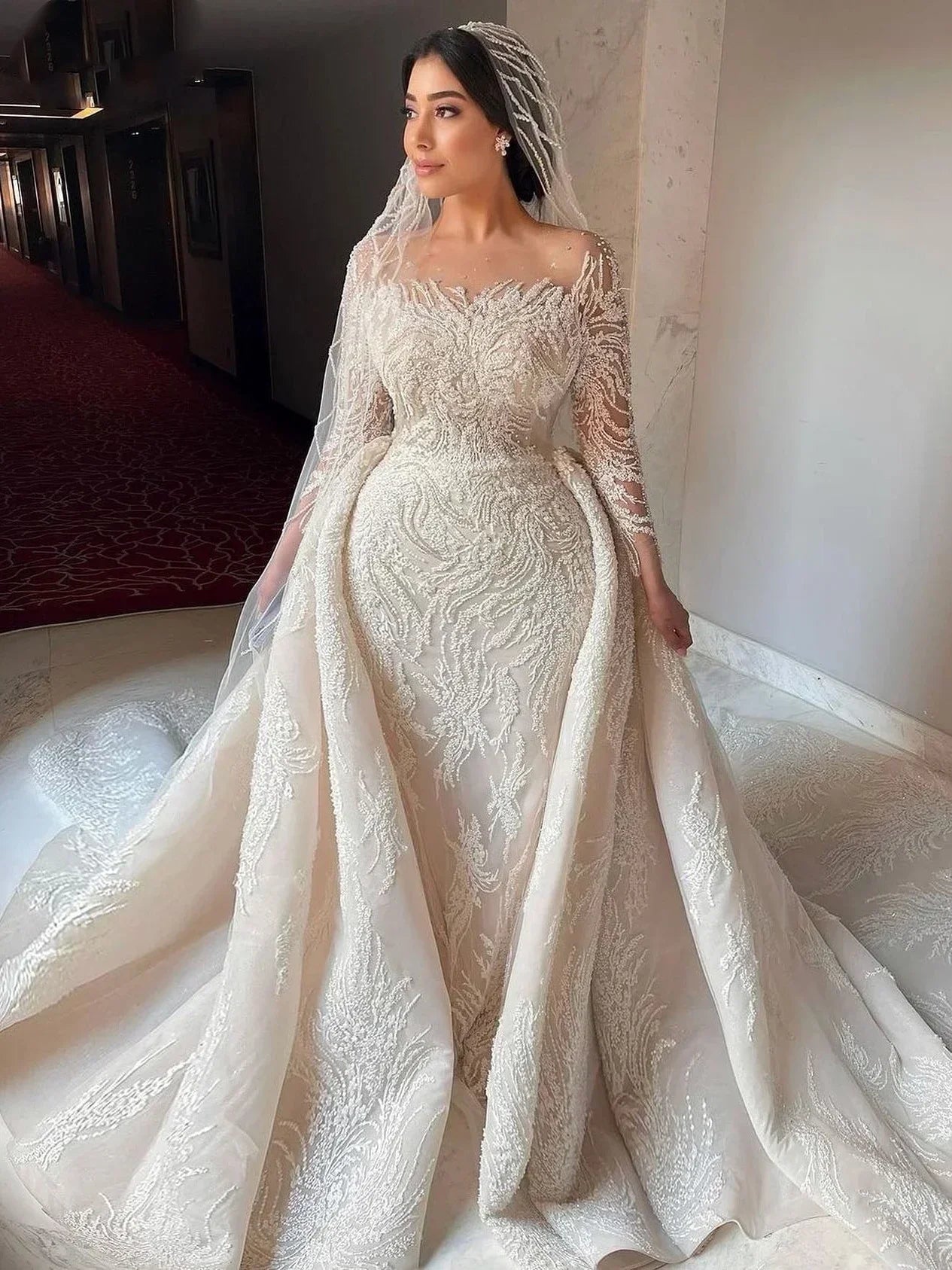 Customized Long Sleeve Wedding Gown Beaded Mermaid Bride Dresses For Women Luxury Sequins Wedding Dress Vestidos De Novia