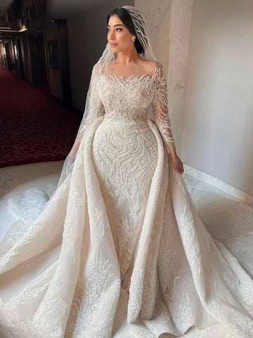 Customized Long Sleeve Wedding Gown Beaded Mermaid Bride Dresses For Women Luxury Sequins Wedding Dress Vestidos De Novia