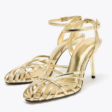 Elegant Gold Narrow Band Designer Brand Pumps Women Sexy Hollow Ankle Buckle Heel Sandals Fashion Banquet Dress Zapatos De Mujer