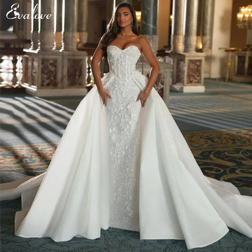 Romantic Strapless Lace Up Detachable Train Mermaid Wedding Dress Exquisite Appliques Embroidery Trumpet Bridal Gown Customized