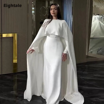 Eightale Arabic Wedding Dress Customized White Ivory O-Neck Cap Long Sleeves Mermaid Muslim Satin Bridal Gown Robe De Mariée
