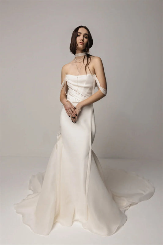 New Two Straps Pleat Strapless Organza Mermaid Wedding Dresses Two Piece Custom Made Brial Grown Vestido De Noival
