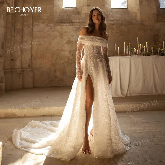 Long Sleeve A-Line Wedding Dress 2025 Off Shoulder Beaded Party Bride Gown Princess BECHOYER EL241 customized  Vestido de Noiva