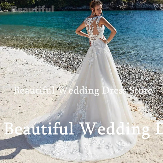 New Beach Lace Appliques Wedding Dress O-Neck Sleeveless A-Line Tulle Floor-Length Vestidos de novia 2026 Women Bridal Gown