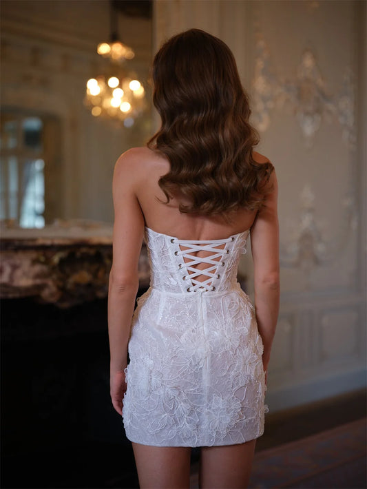 Kyoto Customized White Fairy 3D Appliques Wedding Dress Gorgeous Mini Strapless vestidos de novia Lace-up Back After Party Gown