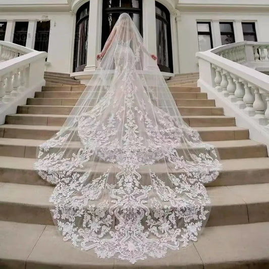 White Ivory Vintage Wedding Veil 3M Long Soft Tulle Royal Bridal Veil with Comb Bling Sequins Lace Veil Wedding Accessories