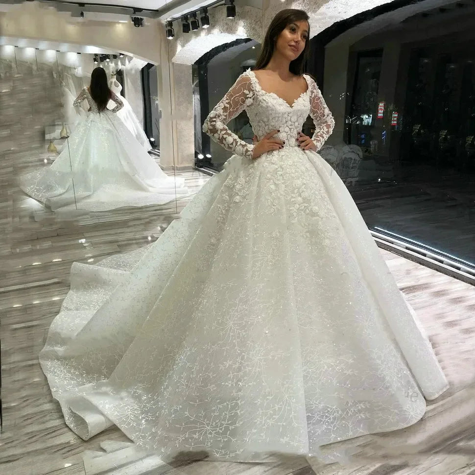 Flavinke Customized Luxury Lace Wedding Dresses 2025 Long Sleeves robe de mariage Beaded Appliqued Ball Gown Bridal Dresse