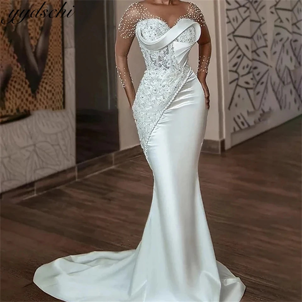 Sexy O-neck Lace Satin Crystal Illusion Mermaid 2025 Wedding Dresses for woman Court Train Bridal Gowns Vestidos De Noiva