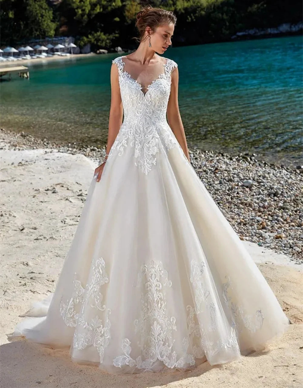 New Beach Lace Appliques Wedding Dress O-Neck Sleeveless A-Line Tulle Floor-Length Vestidos de novia 2026 Women Bridal Gown