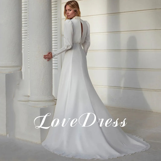 Customized Modern High Neck White Chiffon Wedding Dress Women Long Lantern Sleeve Pleats Sheath Bride Gown Button Sweep Train