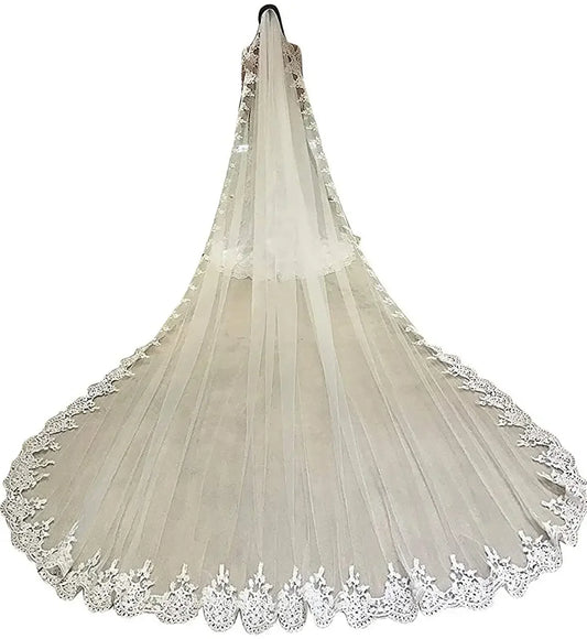 New 4 Meters Bride Wedding Lace  Appliques Veils Long Cathedral  Soft Tulle Bridal Veils with Comb