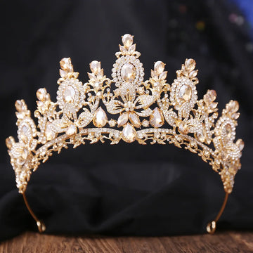 Baroque Gold Color Champagne Water Drop Flower Crystal Opal Tiaras For Women Headband Bride Party Elegant Crown Hair Accessories