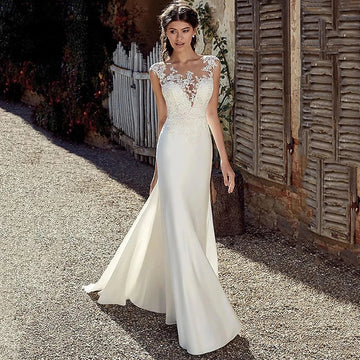 Appliques New Gorgeous O-Neck Mermaid Wedding Dresses Bridal Gowns Lace Illusion Bride Robe Sleeveless Button Vestidos De Novia