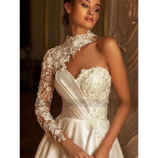 Simple Satin Wedding Dresses One Shoulder Applique High Neck Bridal Party Gowns A-Line Long Train Backless Vestidos De Novia