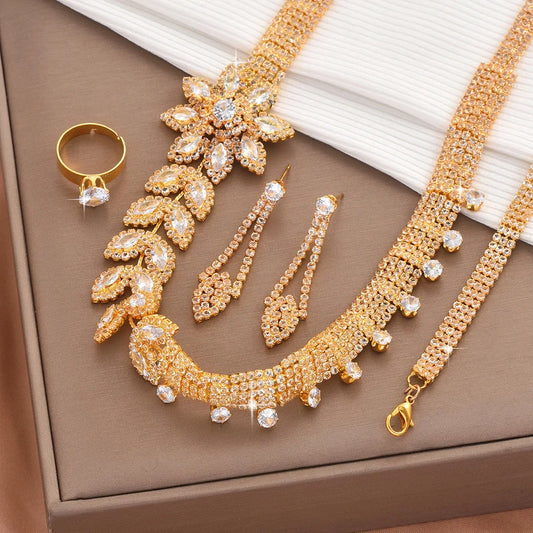 High Grade Flower Earrings Necklace Bracelet Ring Jewelry Set Gold Plated Jewelry Set Wedding Banquet Party Holiday Gift