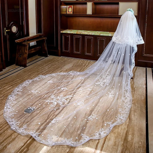 White Ivory Two Layer Long Lace Wedding Veil 4 Meters Bridal Veils Cathedral Blusher Veil Bride Headpiece Wedding Accessories
