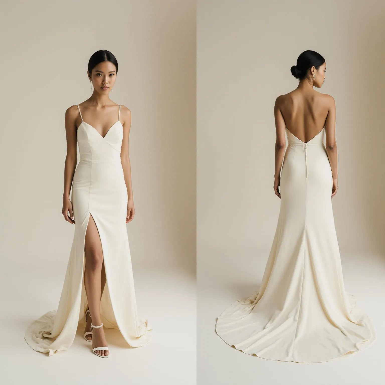 Women’s Ivory Satin Wedding Dress – Spaghetti Straps, V-Neck, Open Low Back, Front Slit, Sweep Train – Maison Bridal