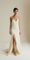 Women’s Ivory Satin Wedding Dress – Spaghetti Straps, V-Neck, Open Low Back, Front Slit, Sweep Train – Maison Bridal