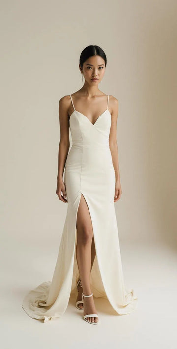 Women’s Ivory Satin Wedding Dress – Spaghetti Straps, V-Neck, Open Low Back, Front Slit, Sweep Train – Maison Bridal