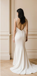 Square Neck Satin Wedding Dress – Elegant A-Line Bridal Gown with Pleated Corset & Chapel Train | Maison Bridal