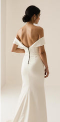 Off-Shoulder Satin Wedding Dress – Elegant Mermaid Bridal Gown with Train & Folded Neckline | Maison Bridal