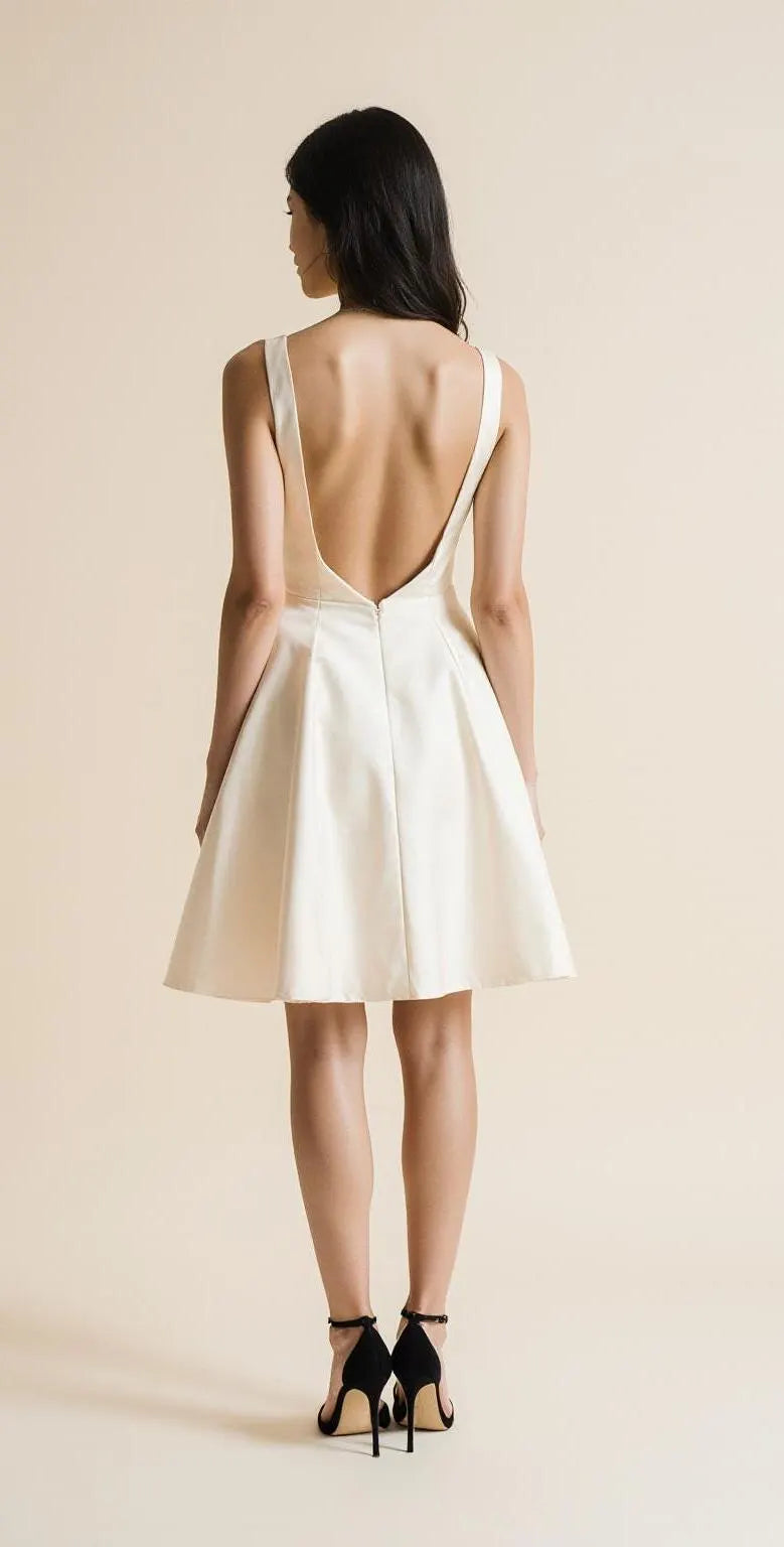 Short Satin Wedding Dress – Elegant V-Neck Backless Bridal Mini Gown for Civil Ceremony | Maison Bridal